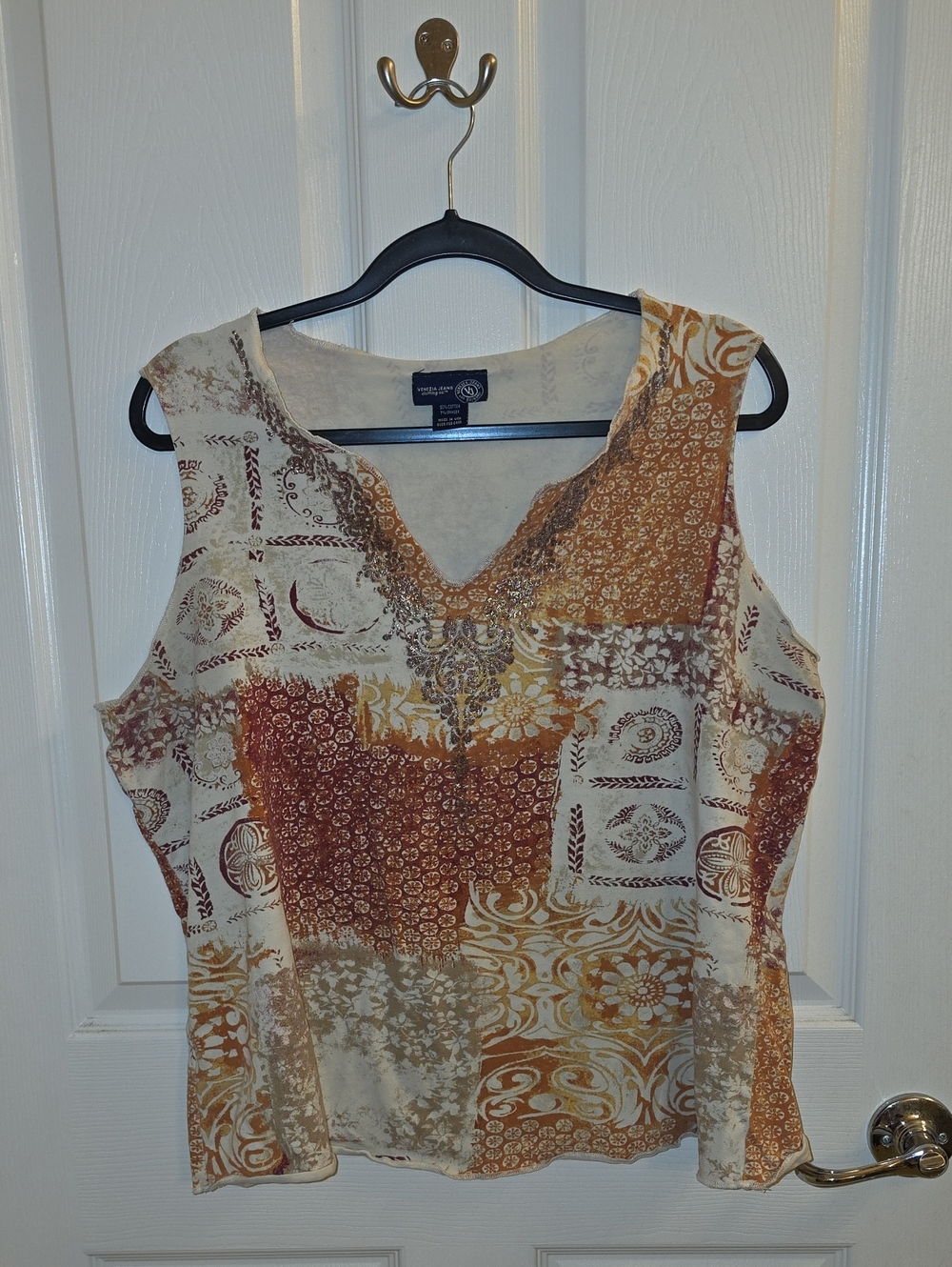 Venezia Patchwork V-Neck Sleeveless Tank in Cream and Rust